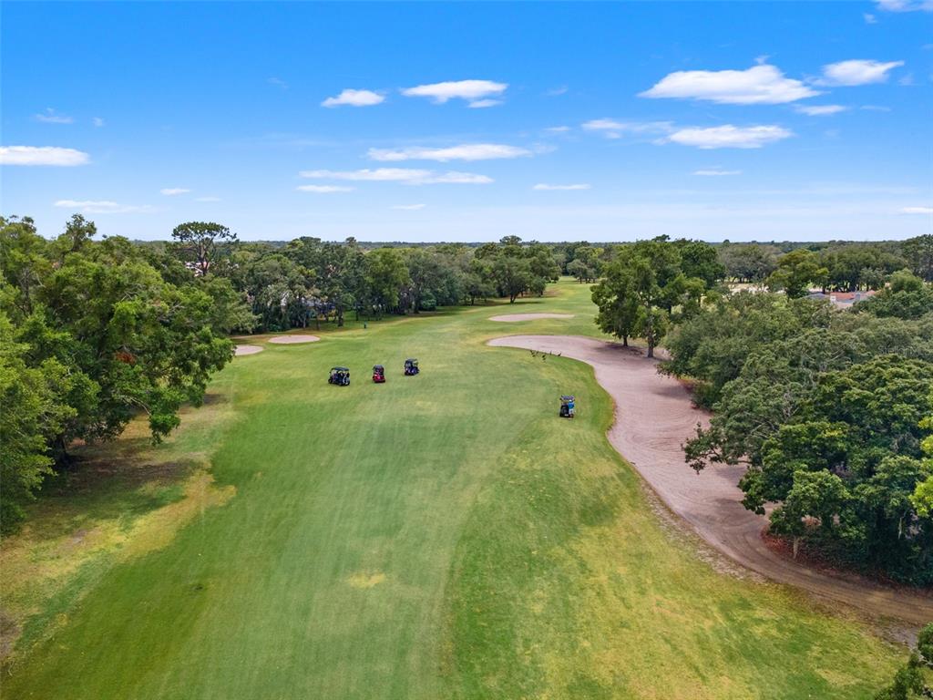 An aerial view of a golf course fairway lined with trees and sand bunkers — 9419 NEW ORLEANS DRIVE, WEEKI WACHEE, FL