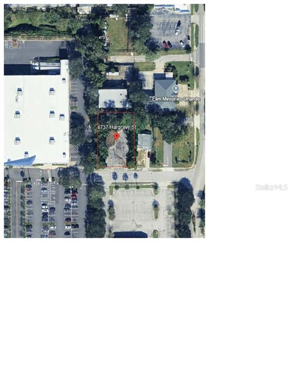 This is an aerial map view showing a vacant rectangular lot outlined in red — 4737 HARGRAVE STREET, ORLANDO, FL