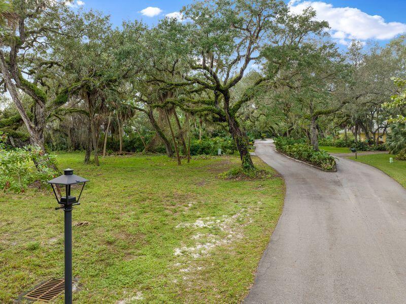 A paved driveway curves through a grassy yard shaded by large, moss-covered oak trees — 2545 Riverview Court, Vero Beach FL 32963, VERO BEACH, FL