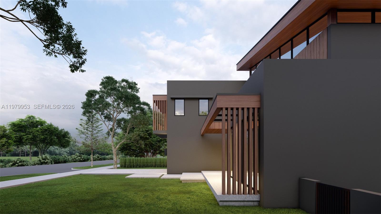 This is a rendering of a modern house exterior featuring dark walls and wood accents — 7269 SW 54th Ave, Unincorporated Dade County FL 33143, UNINCORPORATED DADE COUNTY, FL