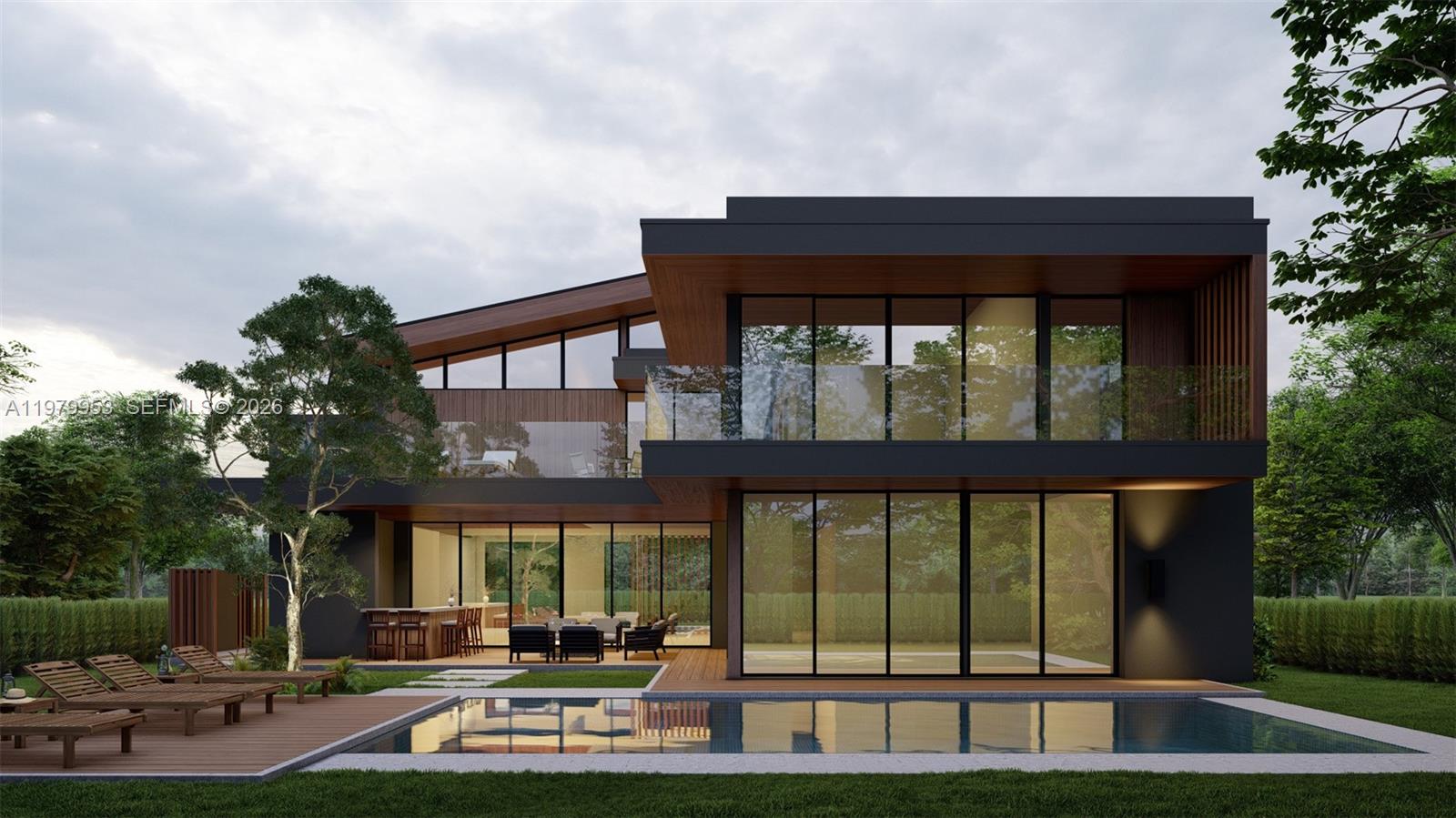 This is a rendering of a modern two-story house with a pool and patio — 7269 SW 54th Ave, Unincorporated Dade County FL 33143, UNINCORPORATED DADE COUNTY, FL
