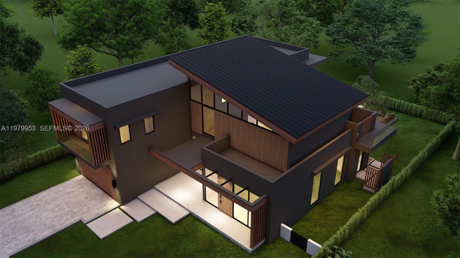 A digital rendering of a modern two-story house with a sloped roof and wood accents — 7269 SW 54th Ave, Unincorporated Dade County FL 33143, UNINCORPORATED DADE COUNTY, FL