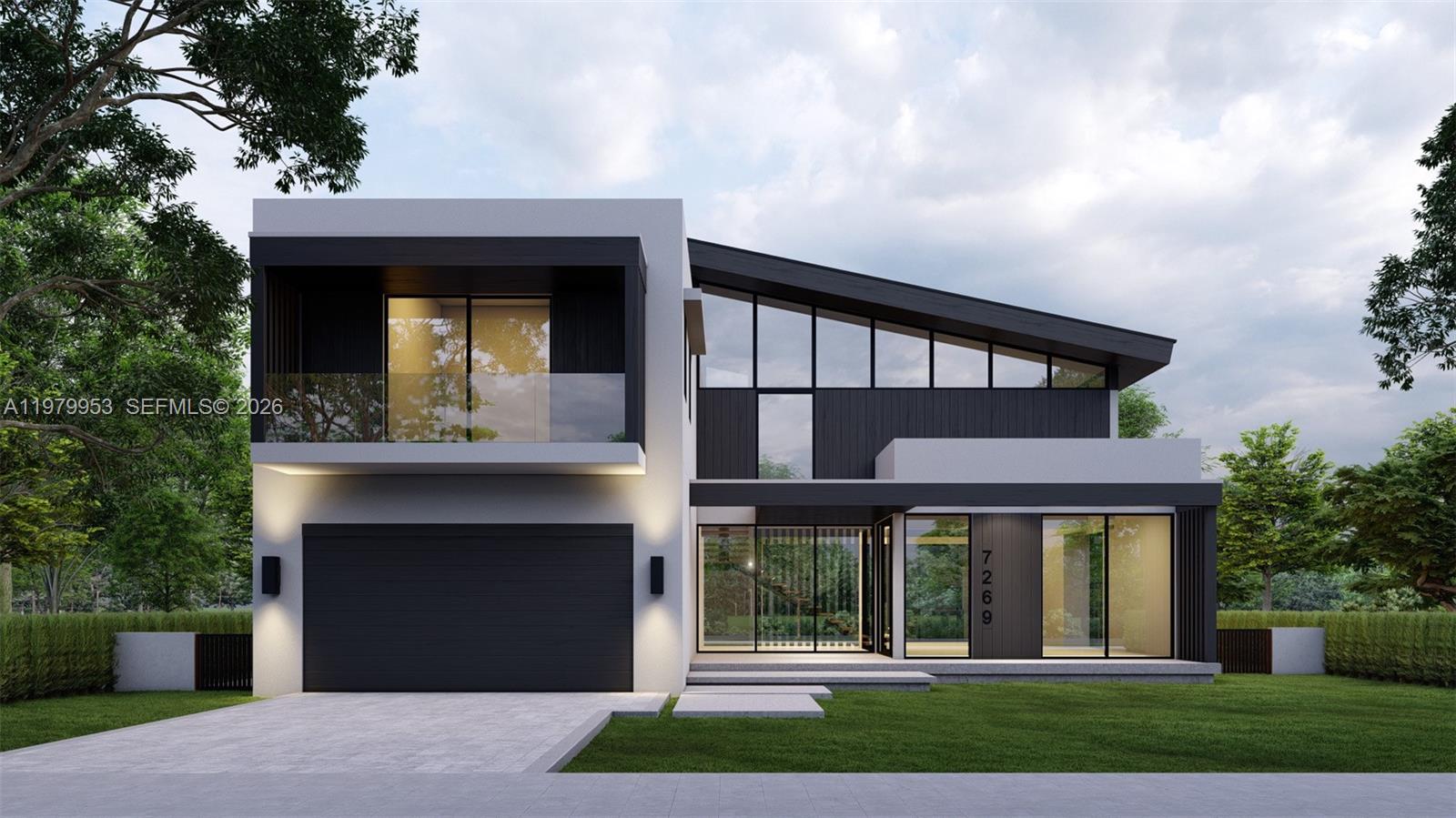 A digital rendering of a modern two-story house with a garage and slanted roof — 7269 SW 54th Ave, Unincorporated Dade County FL 33143, UNINCORPORATED DADE COUNTY, FL