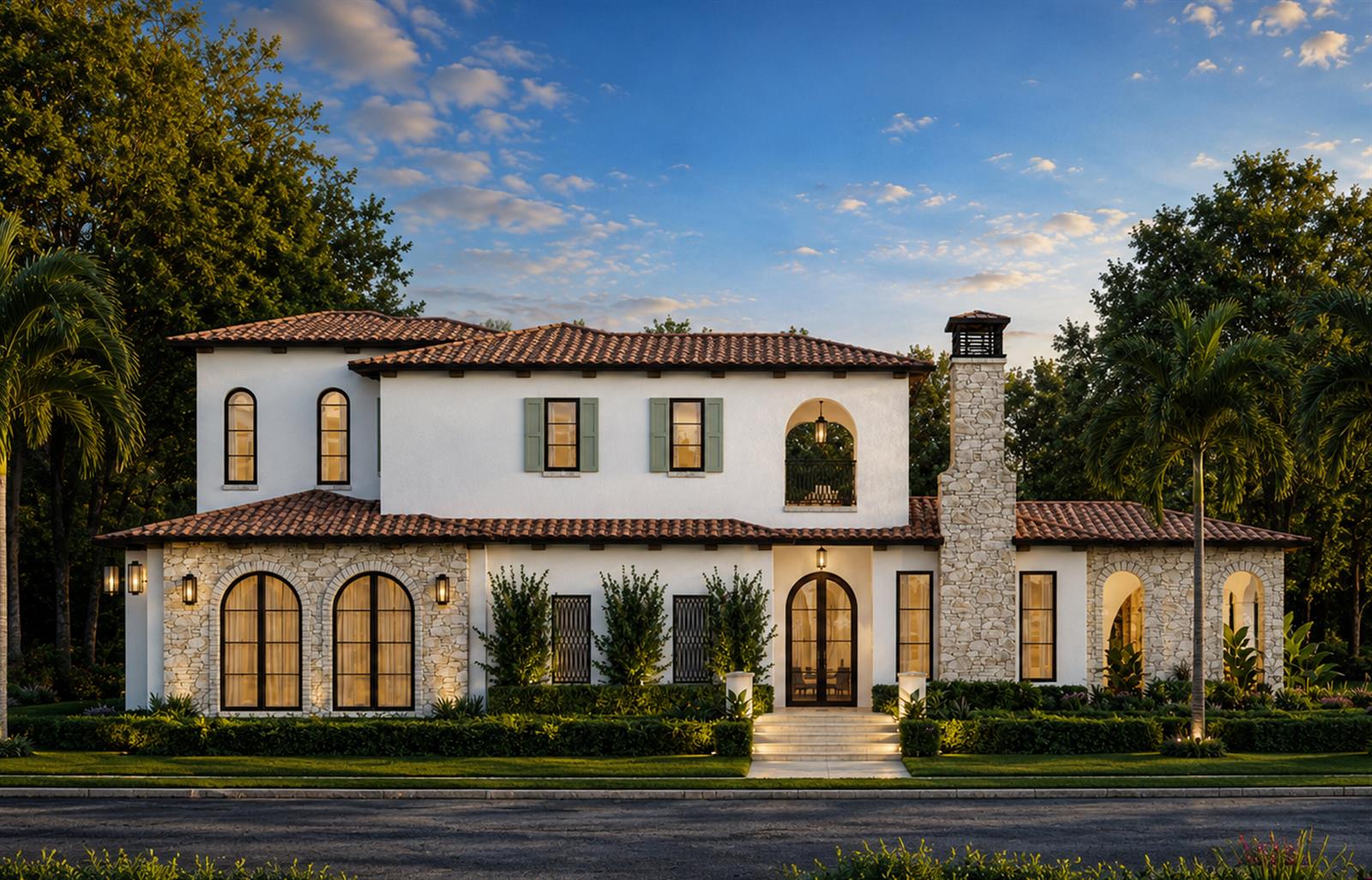 This is a rendering of a two-story Mediterranean-style house with stone accents and tile roof — 598 NW 6th Street, Boca Raton FL 33432, BOCA RATON, FL