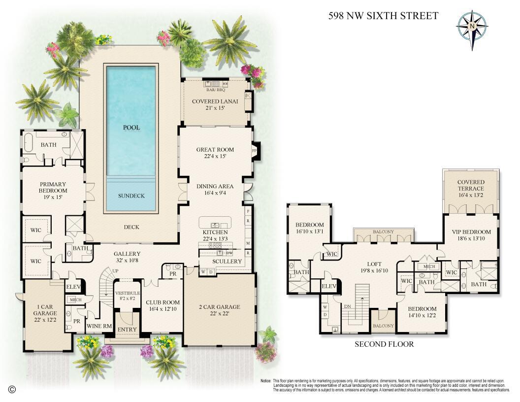 This floor plan rendering shows a two-story house with a pool, garages, and multiple bedrooms — 598 NW 6th Street, Boca Raton FL 33432, BOCA RATON, FL