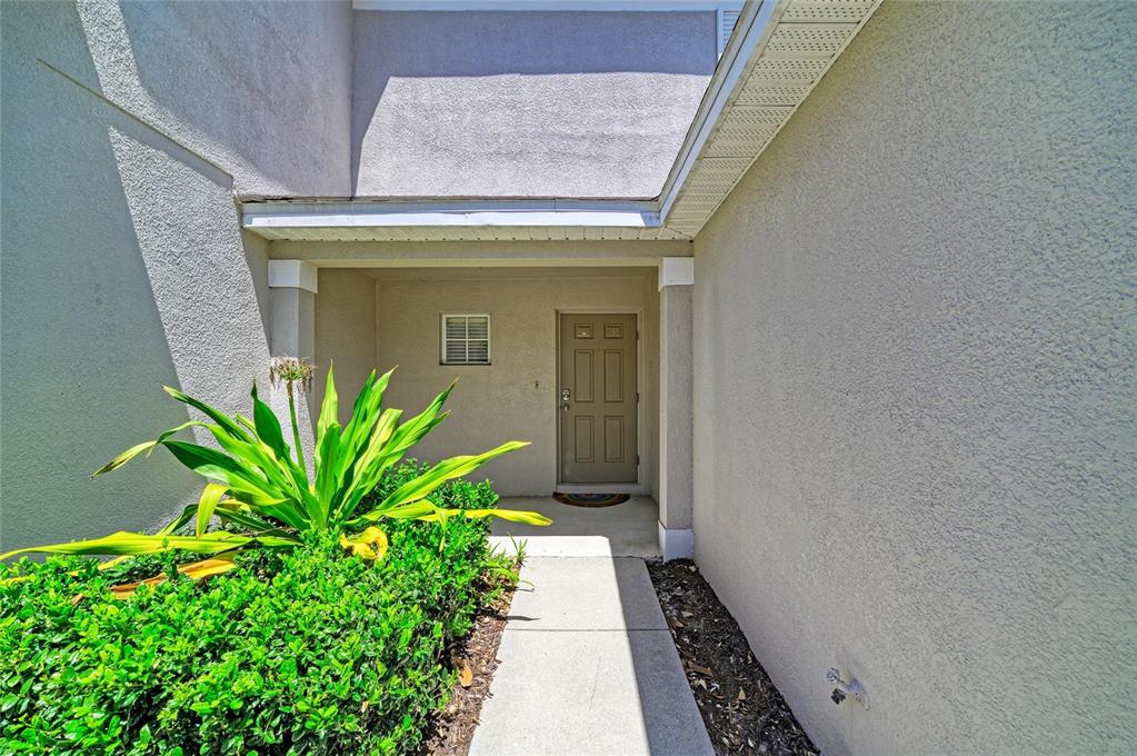 A concrete walkway leads to a tan front door recessed under a covered entryway — 14830 SKIP JACK LOOP, LAKEWOOD RANCH, FL