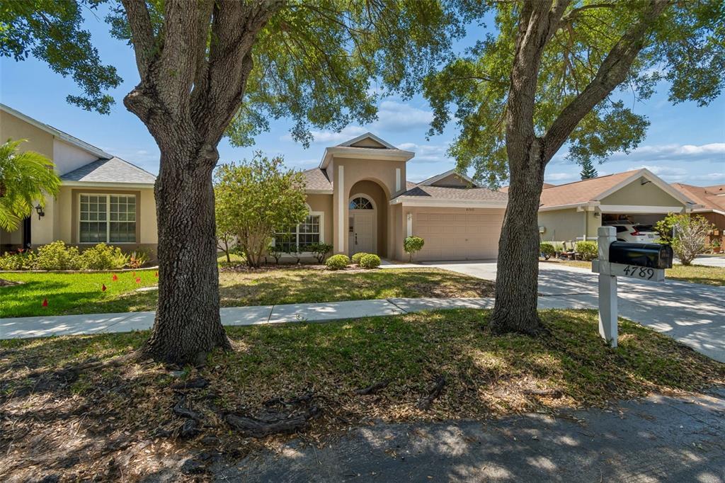 A single-story suburban house with a tan stucco exterior, arched entryway, and a two-car garage — 4789 WHISPERING WIND AVENUE, TAMPA, FL
