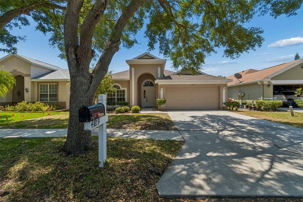 A single-story house with a beige stucco exterior, a two-car garage, and a large tree — 4789 WHISPERING WIND AVENUE, TAMPA, FL