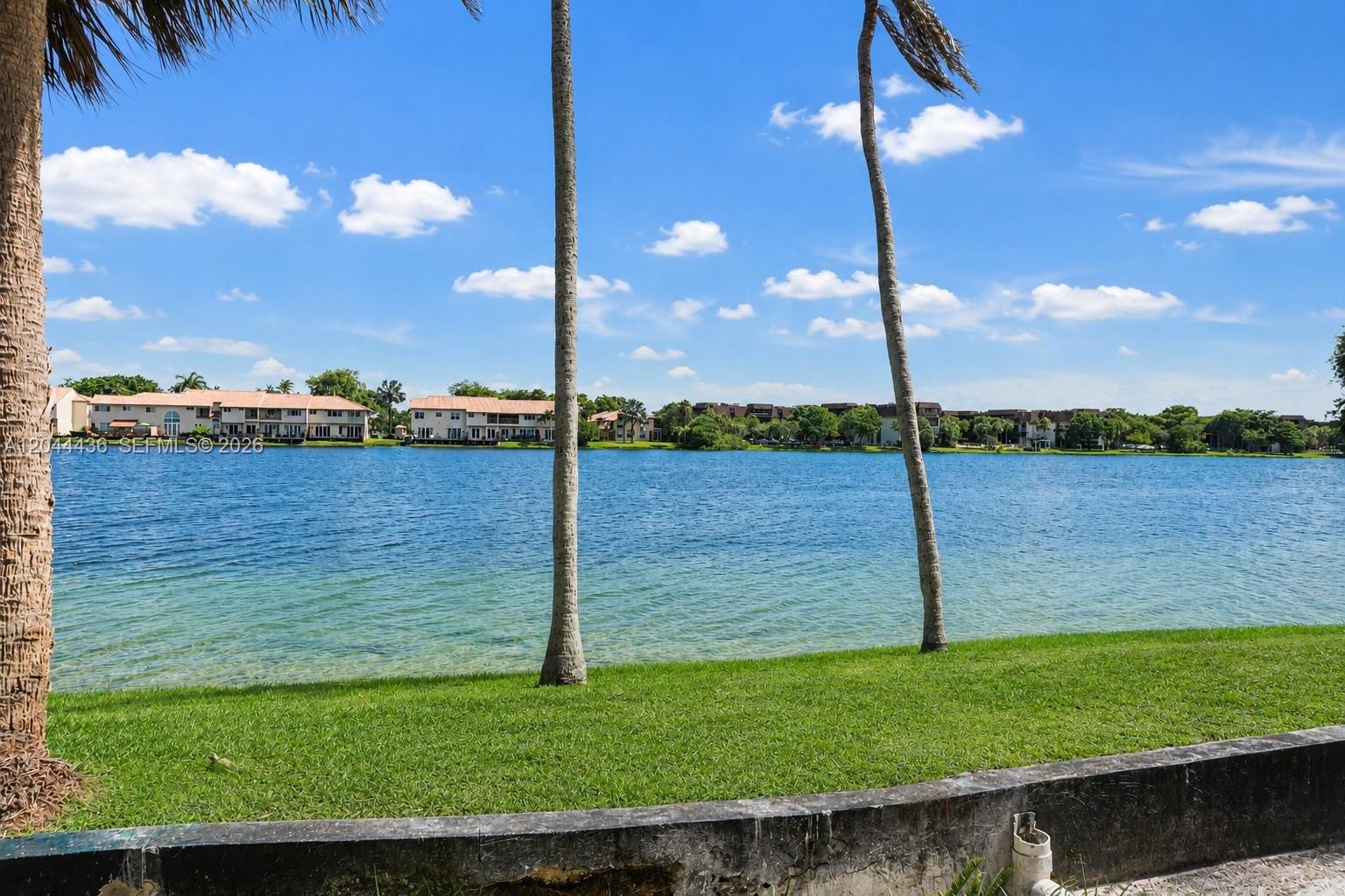 A view of a lake from a grassy yard with palm trees and distant buildings — 770 NE 199th St # 107F, Miami FL 33179, MIAMI, FL