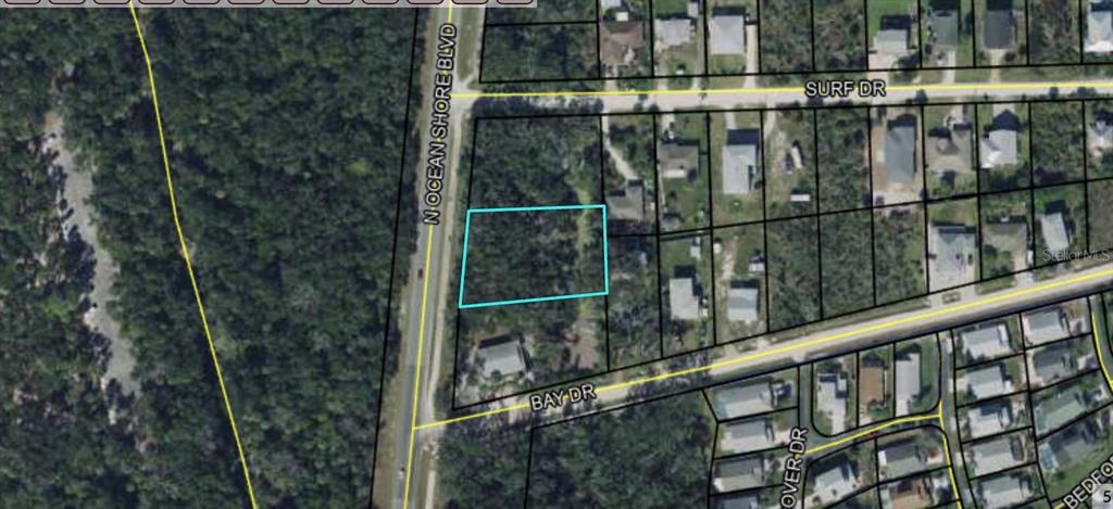 This is an aerial map view showing a vacant lot outlined in blue near a road — 6169 N OCEAN SHORE BOULEVARD, PALM COAST, FL