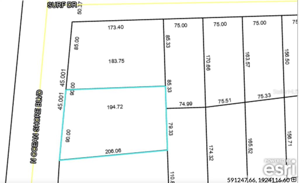 This is a property map showing the lot dimensions and boundaries for a parcel of land — 6169 N OCEAN SHORE BOULEVARD, PALM COAST, FL