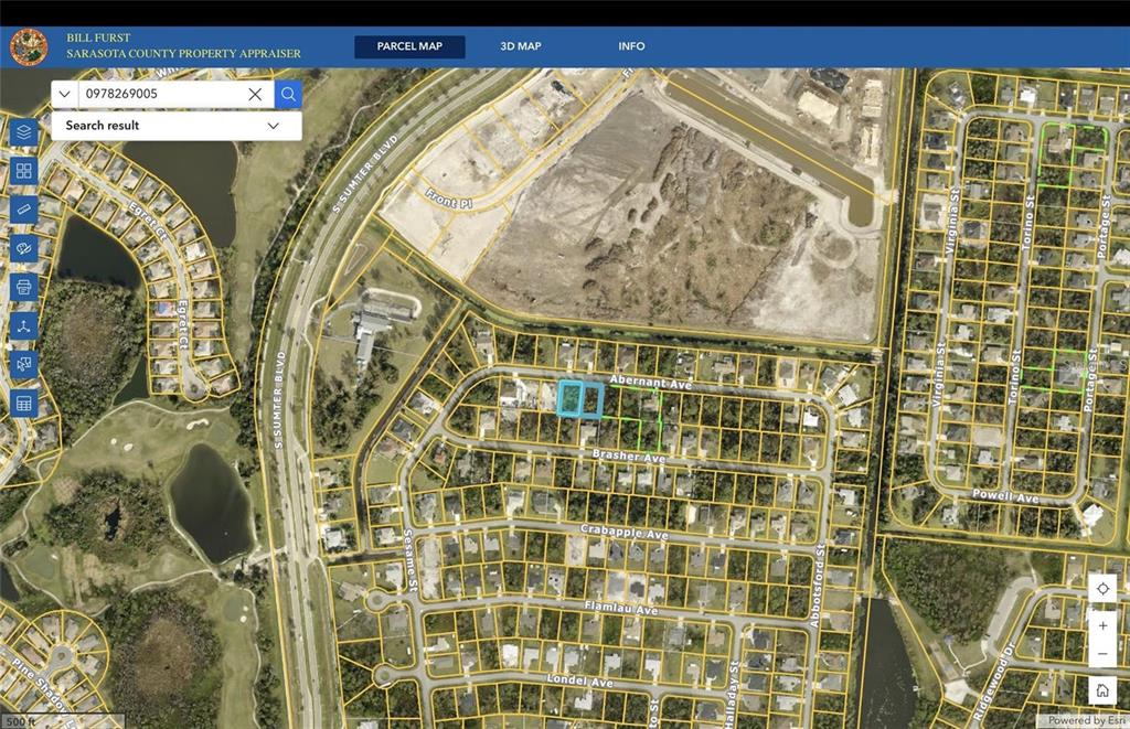 This is a satellite map showing a highlighted residential property in a suburban neighborhood — Lot 5 & 6 ABERNANT AVENUE UNIT 2, NORTH PORT, FL
