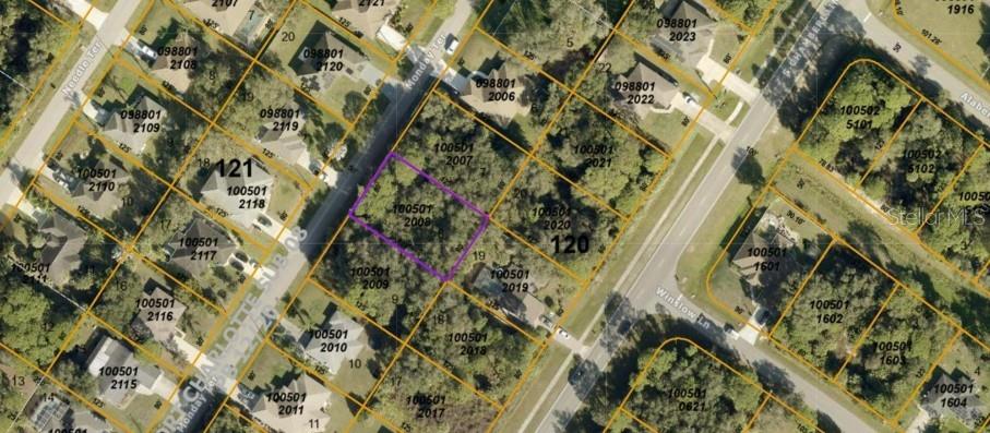 This is an aerial map showing property lot lines and parcel numbers in a residential neighborhood — MONDAY TERRACE, NORTH PORT, FL