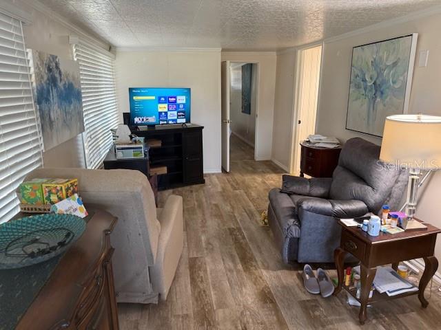 A living room features wood-look flooring, a television on a stand, and two armchairs — 620 49TH AVENUE W, BRADENTON, FL