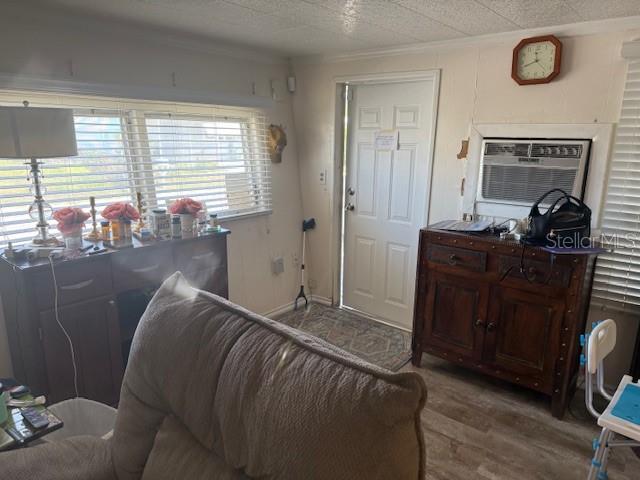 A living room features a window with blinds, a wooden cabinet, and an entryway door — 620 49TH AVENUE W, BRADENTON, FL