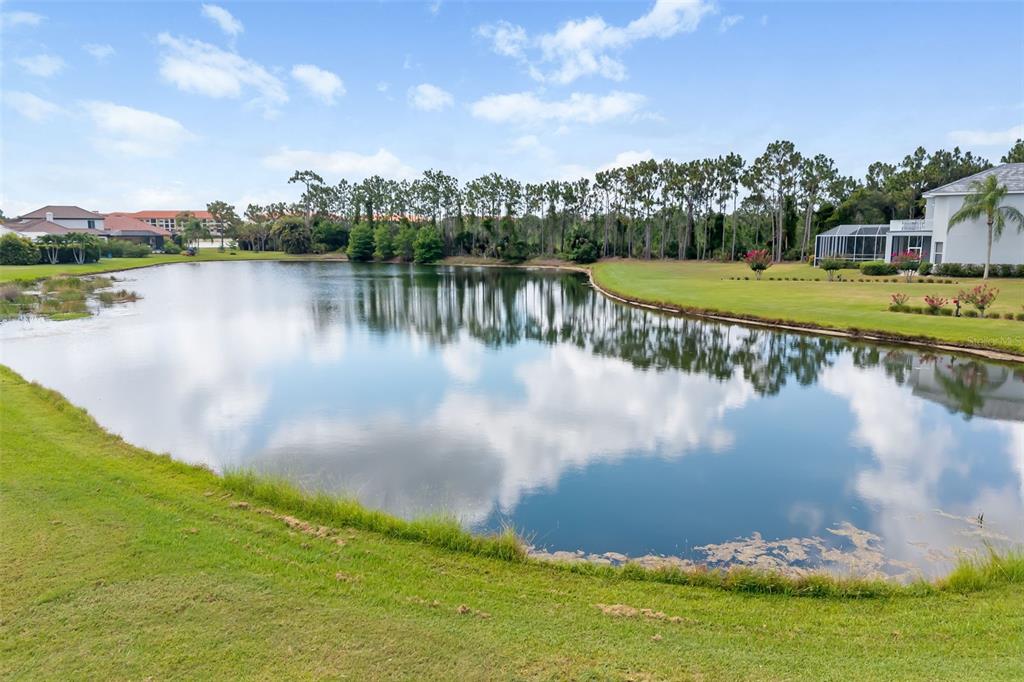 A view of a pond surrounded by a grassy lawn and trees near a house — 7505 COVENTRY COURT, BRADENTON, FL