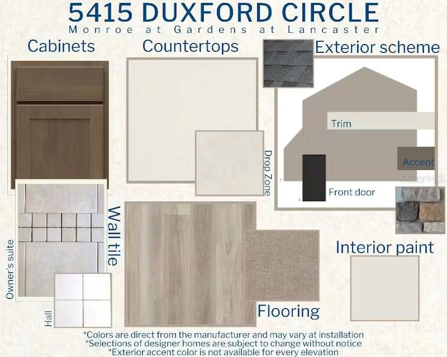 This design board displays interior and exterior finish selections including cabinetry, countertops, flooring, and paint — 5415 DUXFORD CIRCLE, ST CLOUD, FL