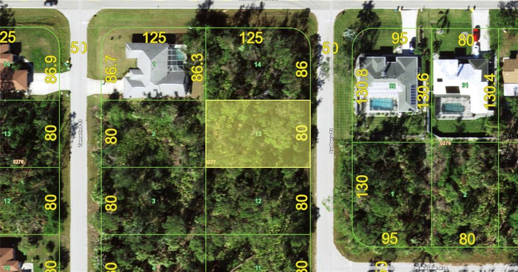 This is a map showing a vacant, rectangular residential lot highlighted in yellow — 3019 SUDBURY STREET, PORT CHARLOTTE, FL