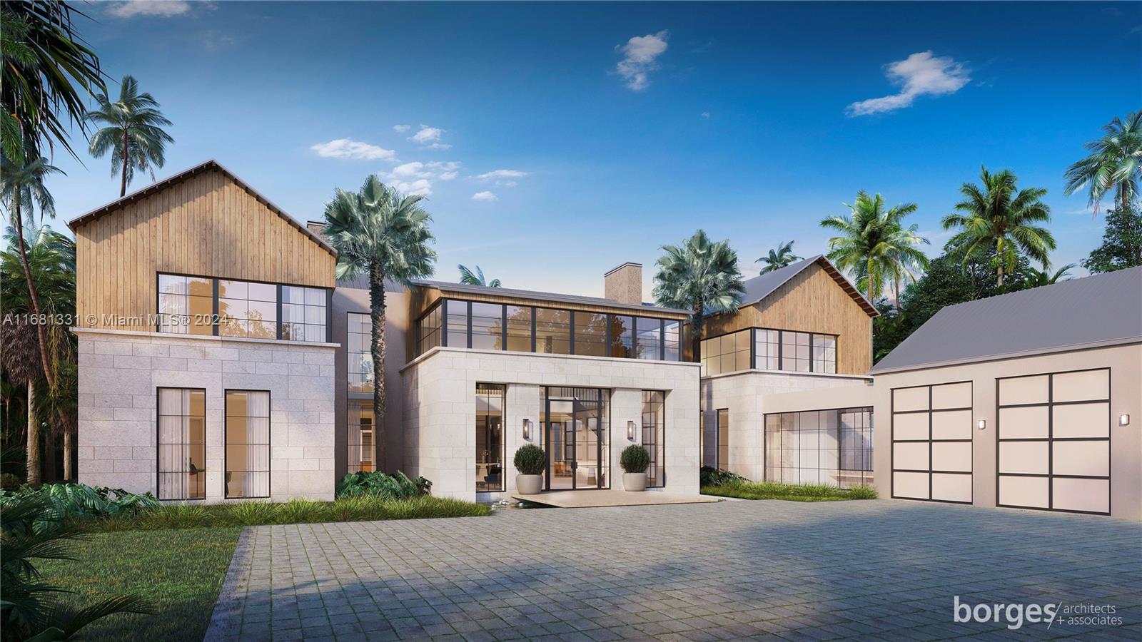 This is a rendering of a modern two-story house with stone, wood, and glass exterior — 6060 SW 120th St, Pinecrest FL 33156, PINECREST, FL