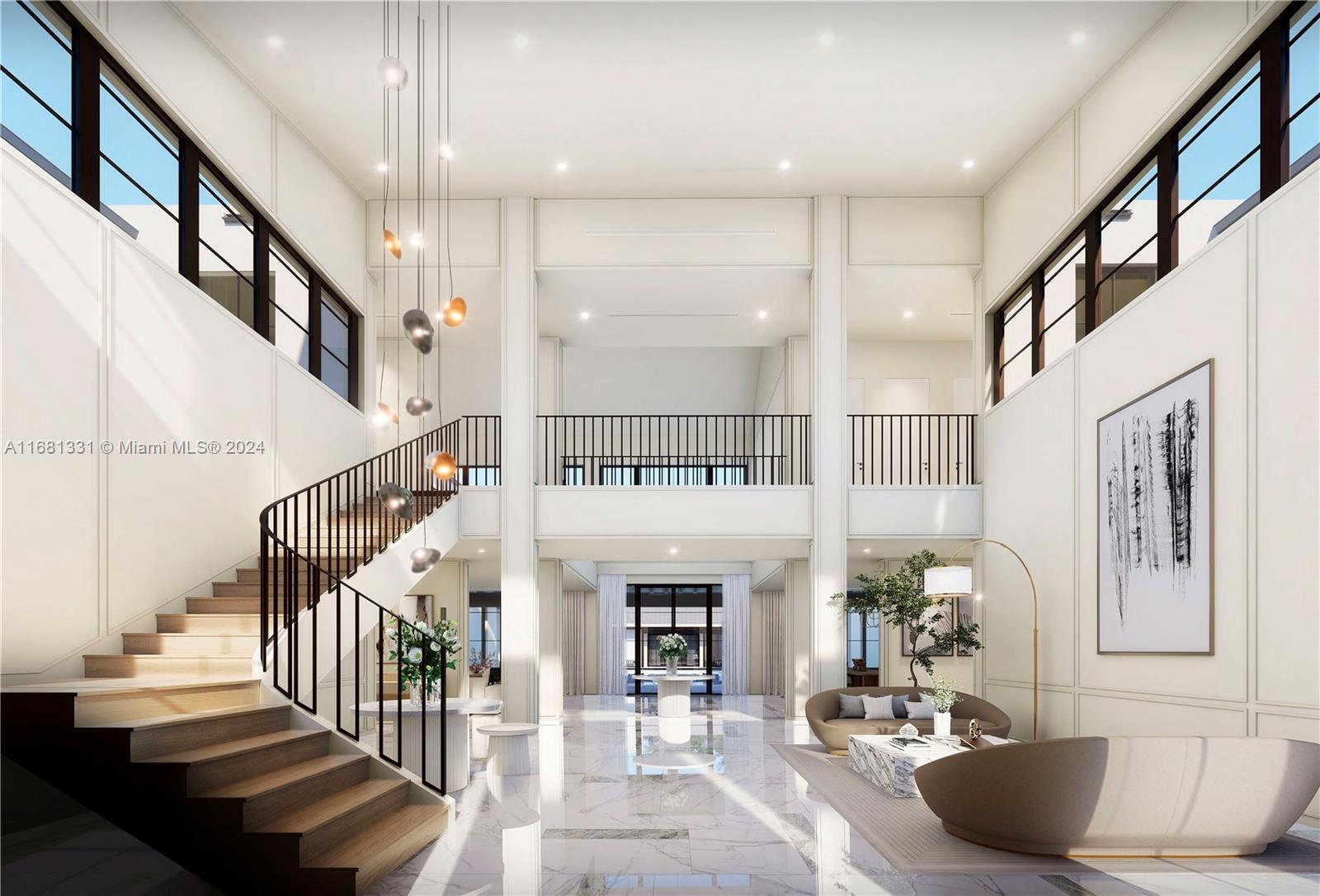 This is a rendering of a grand foyer featuring a curved staircase and marble flooring — 6060 SW 120th St, Pinecrest FL 33156, PINECREST, FL
