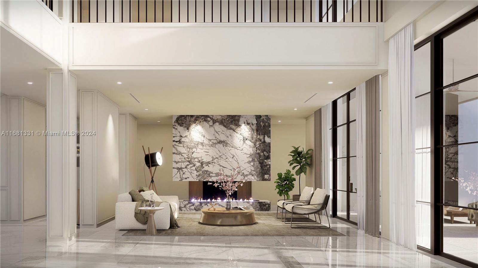 This rendering shows a modern living room with a marble fireplace and floor-to-ceiling windows — 6060 SW 120th St, Pinecrest FL 33156, PINECREST, FL