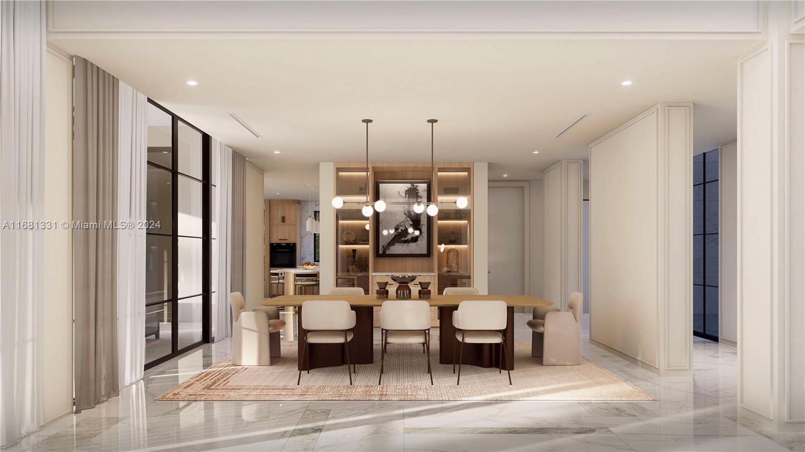 This rendering shows a modern dining room with a long table, chairs, and built-in shelving — 6060 SW 120th St, Pinecrest FL 33156, PINECREST, FL