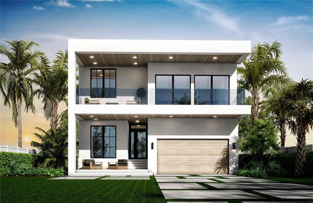 This architectural rendering shows the exterior of a modern two-story house with a garage — 2517 RIVERSIDE DR, TAMPA, FL