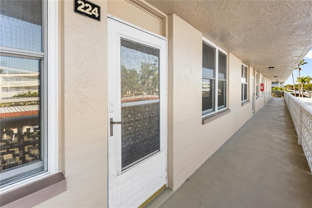 An exterior walkway leads to the entrance of apartment 224 with a white screen door — 4915 BAY STREET NE UNIT 224, ST PETERSBURG, FL