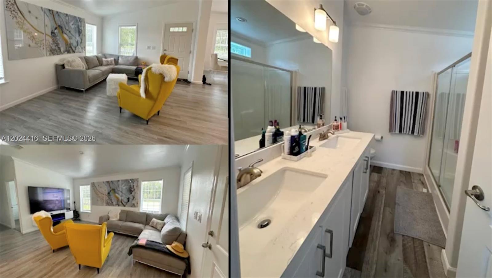 A collage shows a living room with yellow armchairs and a bathroom with double vanities — 725 N Willows St, Clewiston FL 33440, CLEWISTON, FL