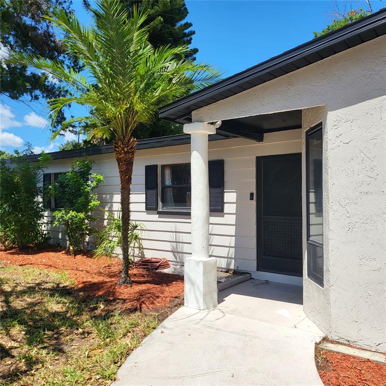 A single-story house exterior features a white facade, a palm tree, and a covered entryway — 5107 CRESTHILL DRIVE, TAMPA, FL