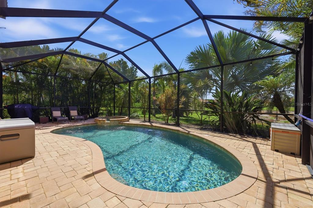 A screened-in patio features a kidney-shaped swimming pool, a small spa, and paver decking — 12505 CANAVESE LANE, VENICE, FL