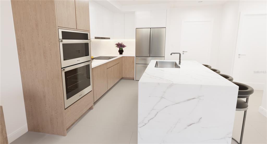 This rendering shows a modern kitchen with light wood cabinets, white countertops, and stainless appliances — 4950 REMINGTON DRIVE UNIT 401, SARASOTA, FL