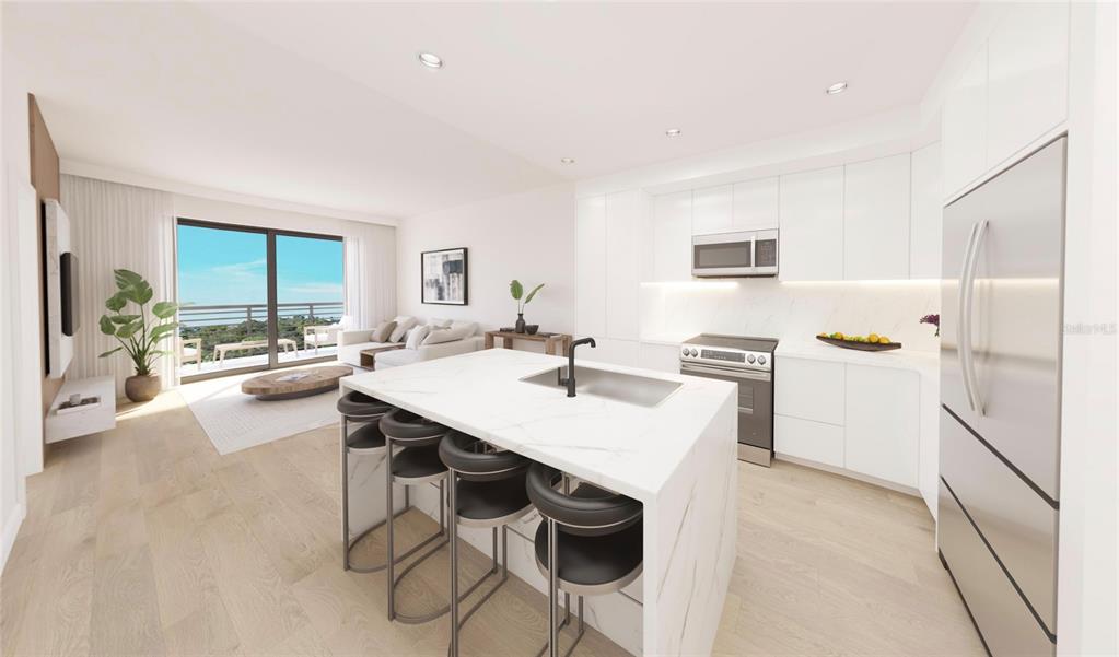 This rendering shows a modern open-concept kitchen and living area with white marble-topped island seating — 4950 REMINGTON DRIVE UNIT 401, SARASOTA, FL