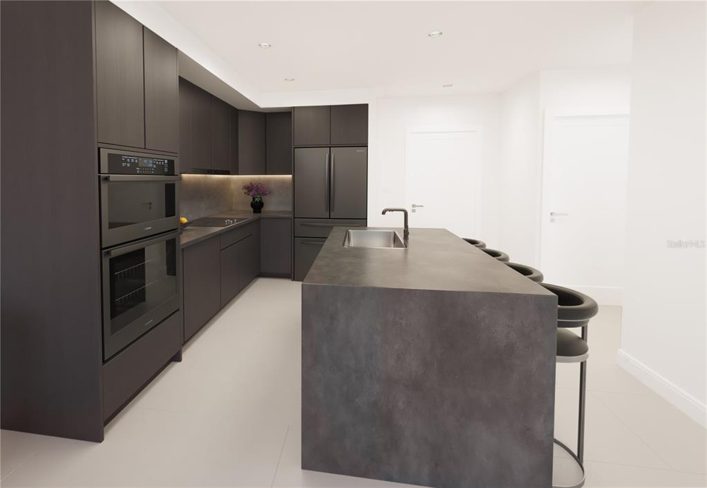 This is a rendering of a modern kitchen featuring dark cabinetry and a large island — 4950 REMINGTON DRIVE UNIT 401, SARASOTA, FL