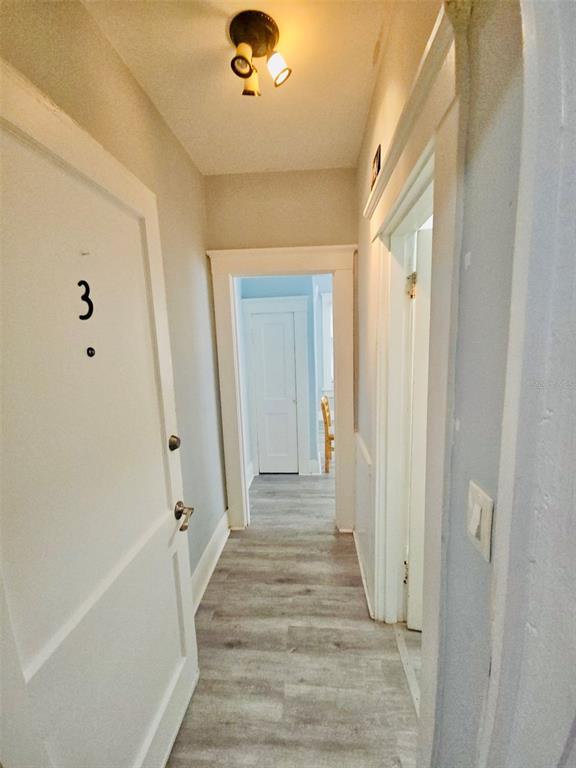 A hallway with light wood-look flooring leads to a doorway with a white door — 2301 N JEFFERSON STREET, TAMPA, FL