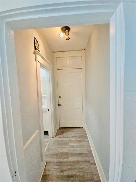 A hallway with light gray walls, wood-look flooring, and a white door at the end — 2301 N JEFFERSON STREET, TAMPA, FL