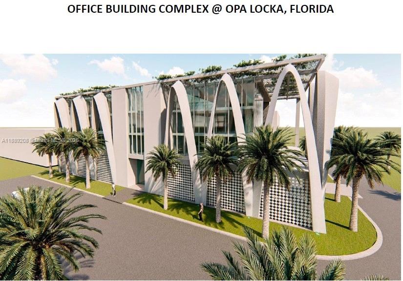 A digital rendering of a modern office building complex featuring arched exterior supports and palm trees — 15015 NW 22nd Ave, Opa-Locka FL 33054, OPA-LOCKA, FL