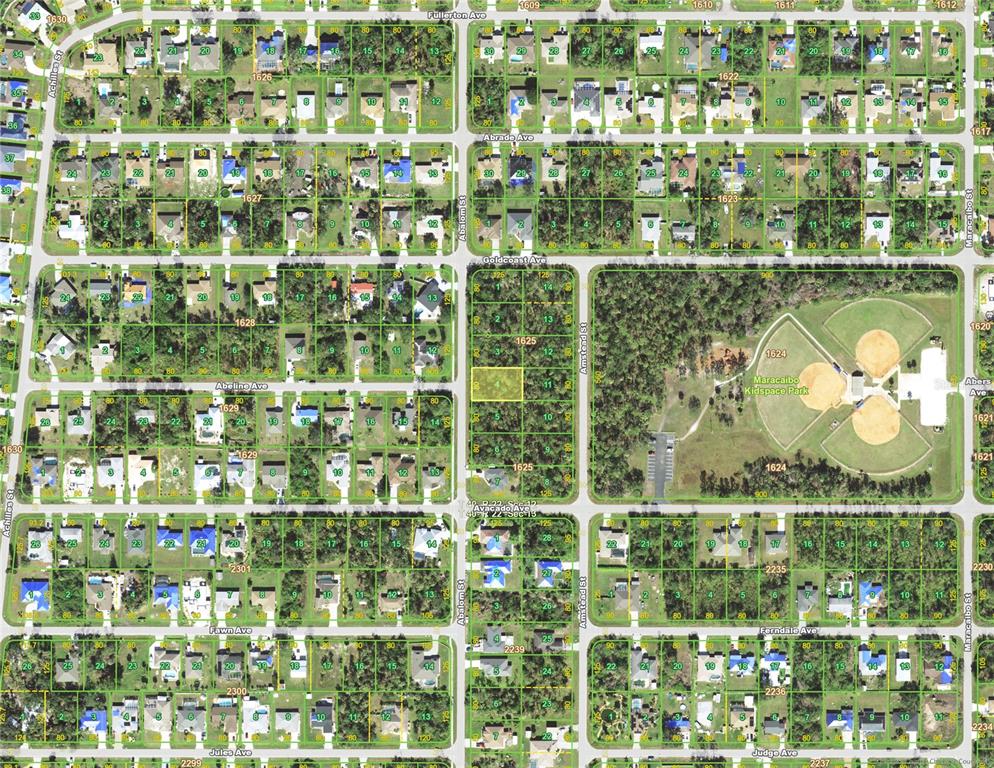This is a satellite map view of a residential neighborhood featuring a public park — 1502 ABALOM STREET, PUNTA GORDA, FL