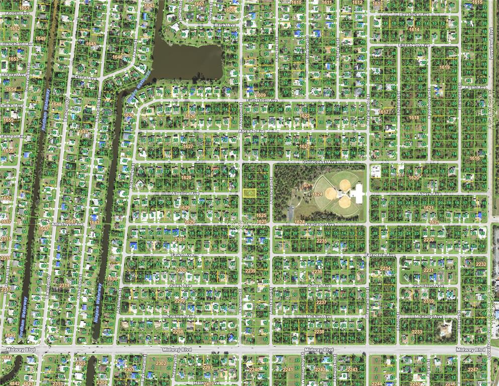 This is an aerial map showing a residential neighborhood with streets, lots, and a park — 1502 ABALOM STREET, PUNTA GORDA, FL