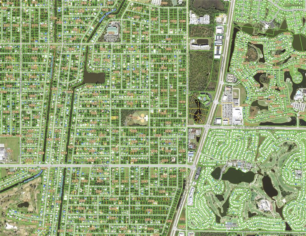 This is a satellite map showing a residential neighborhood with streets and property parcel numbers — 1502 ABALOM STREET, PUNTA GORDA, FL