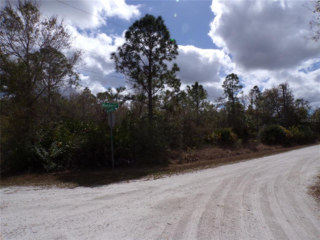 A dirt road intersection is bordered by dense trees and a street sign — 27269 HACIENDA DRIVE, PUNTA GORDA, FL