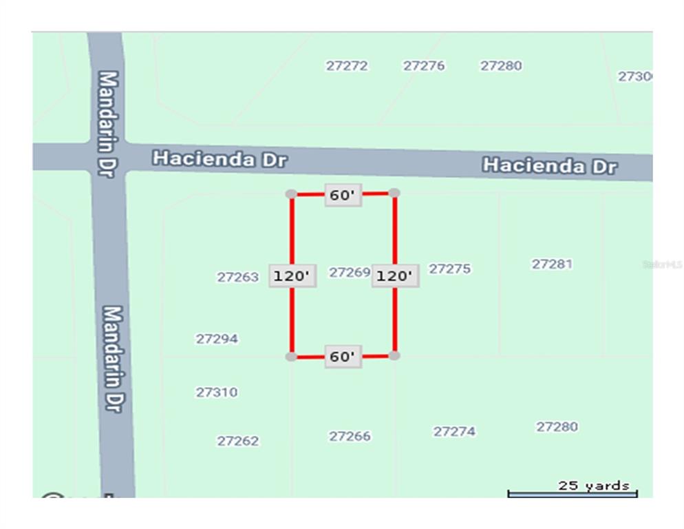 This is a map showing the rectangular property boundaries and dimensions of a land parcel — 27269 HACIENDA DRIVE, PUNTA GORDA, FL