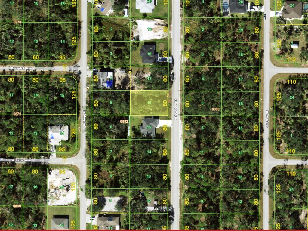 This is an aerial map showing residential lots and streets in a wooded neighborhood — 71 ATWATER STREET, PORT CHARLOTTE, FL