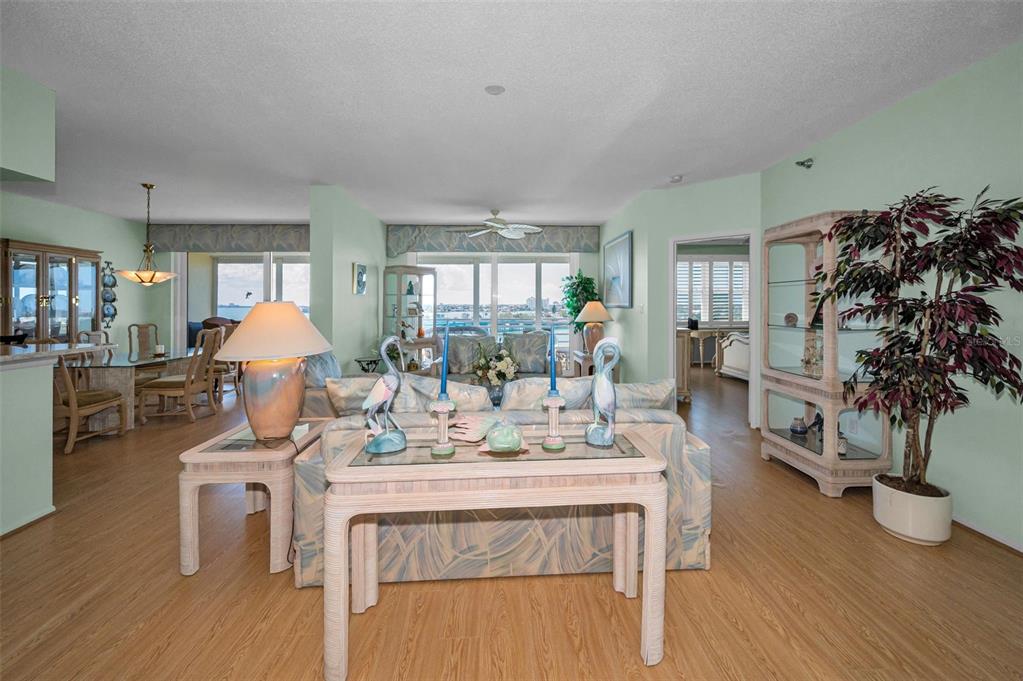 A living room with light green walls, light wood flooring, and a view of the ocean — 7882 SAILBOAT KEY BOULEVARD S UNIT 605, SOUTH PASADENA, FL