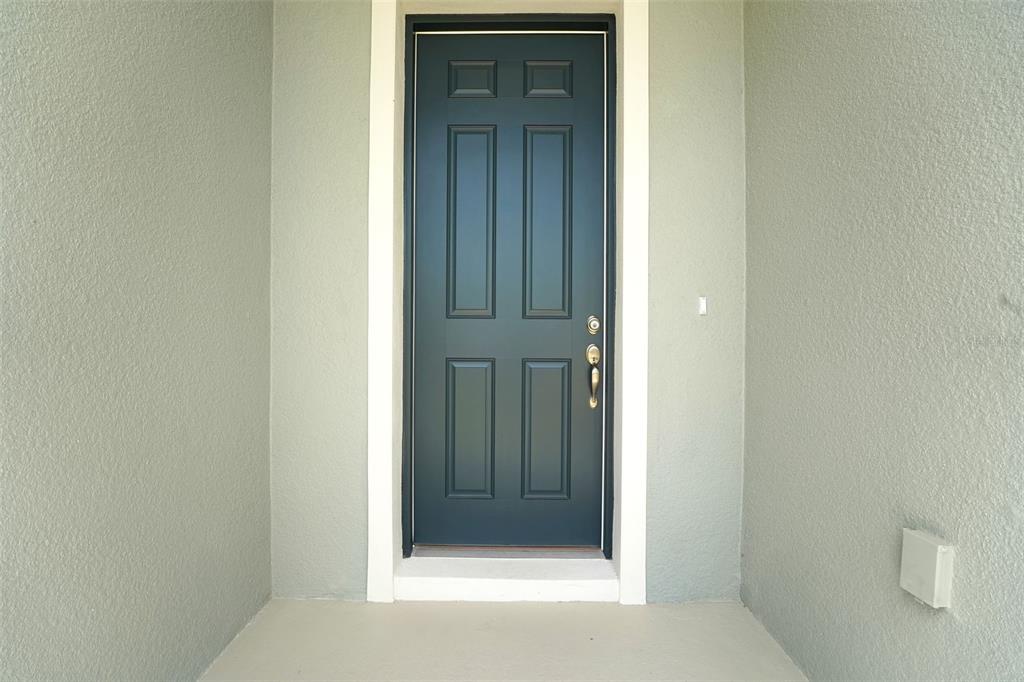 A dark blue front door with a white frame is set against light gray exterior walls — 35151 TUSCAN HILL ROAD, DADE CITY, FL