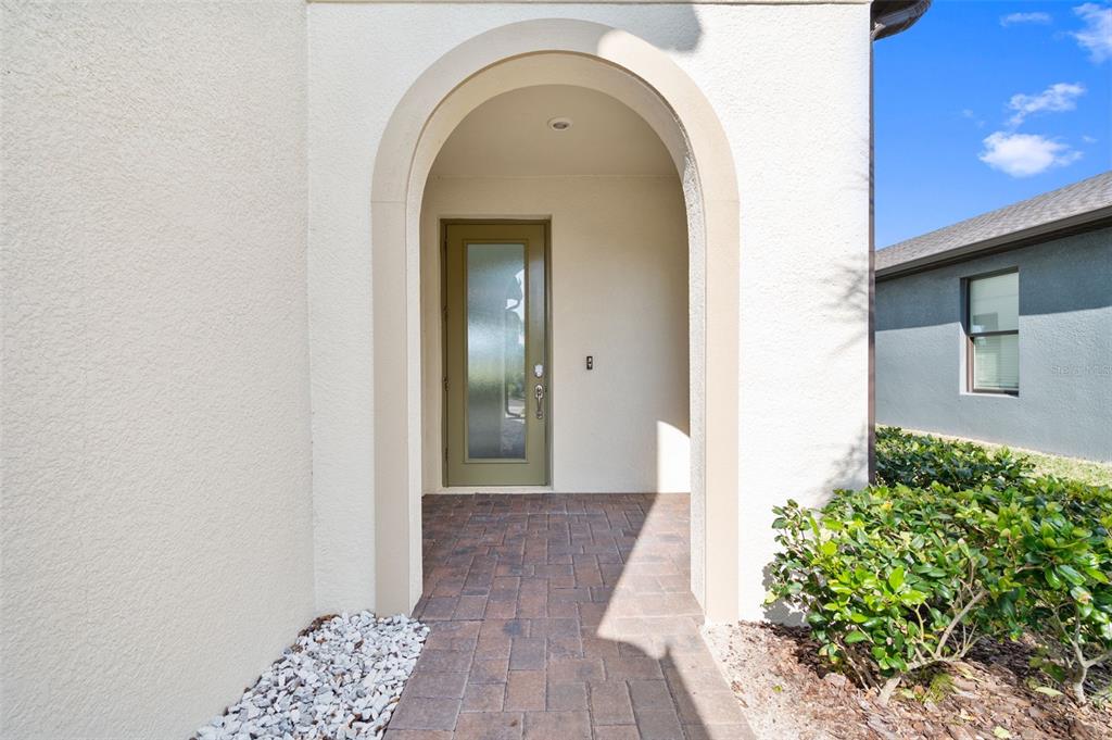An arched entryway leads to a front door with a glass panel on a paved porch — 4588 SAN MARTINO DRIVE, WESLEY CHAPEL, FL