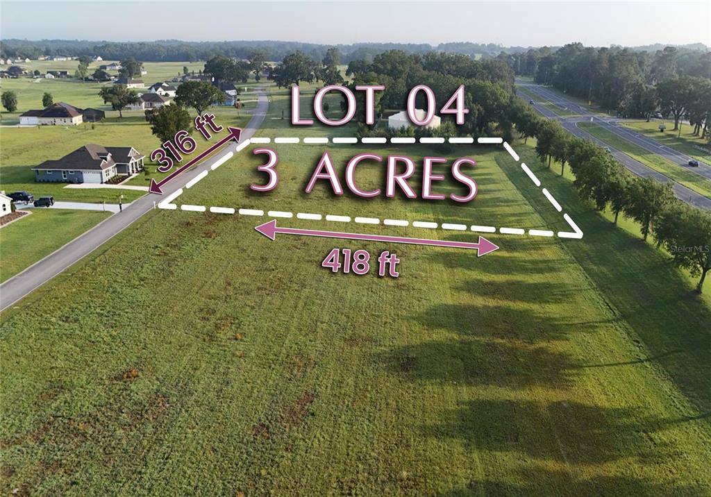 An aerial view shows a grassy, three-acre vacant lot outlined in white against a road — XX NW 17TH CIRCLE, OCALA, FL