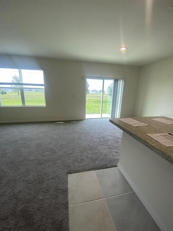 A living room with gray carpet, tile flooring, and a sliding glass door to a yard — 701 SILVER PALM DRIVE, HAINES CITY, FL