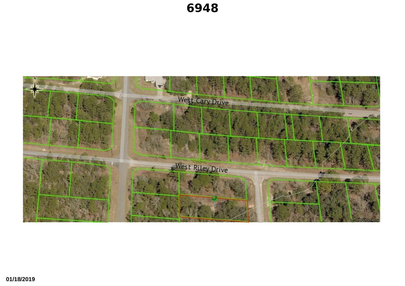 This is an aerial map showing a residential lot outlined in red on a street — 6948 N Edna Point, FL 34434, FL