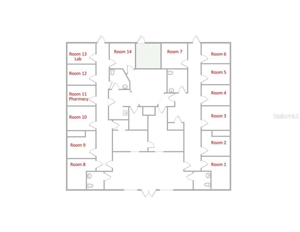 This is a floor plan showing a commercial office layout with fourteen numbered rooms — 757 HWY  466 UNIT 100, LADY LAKE, FL
